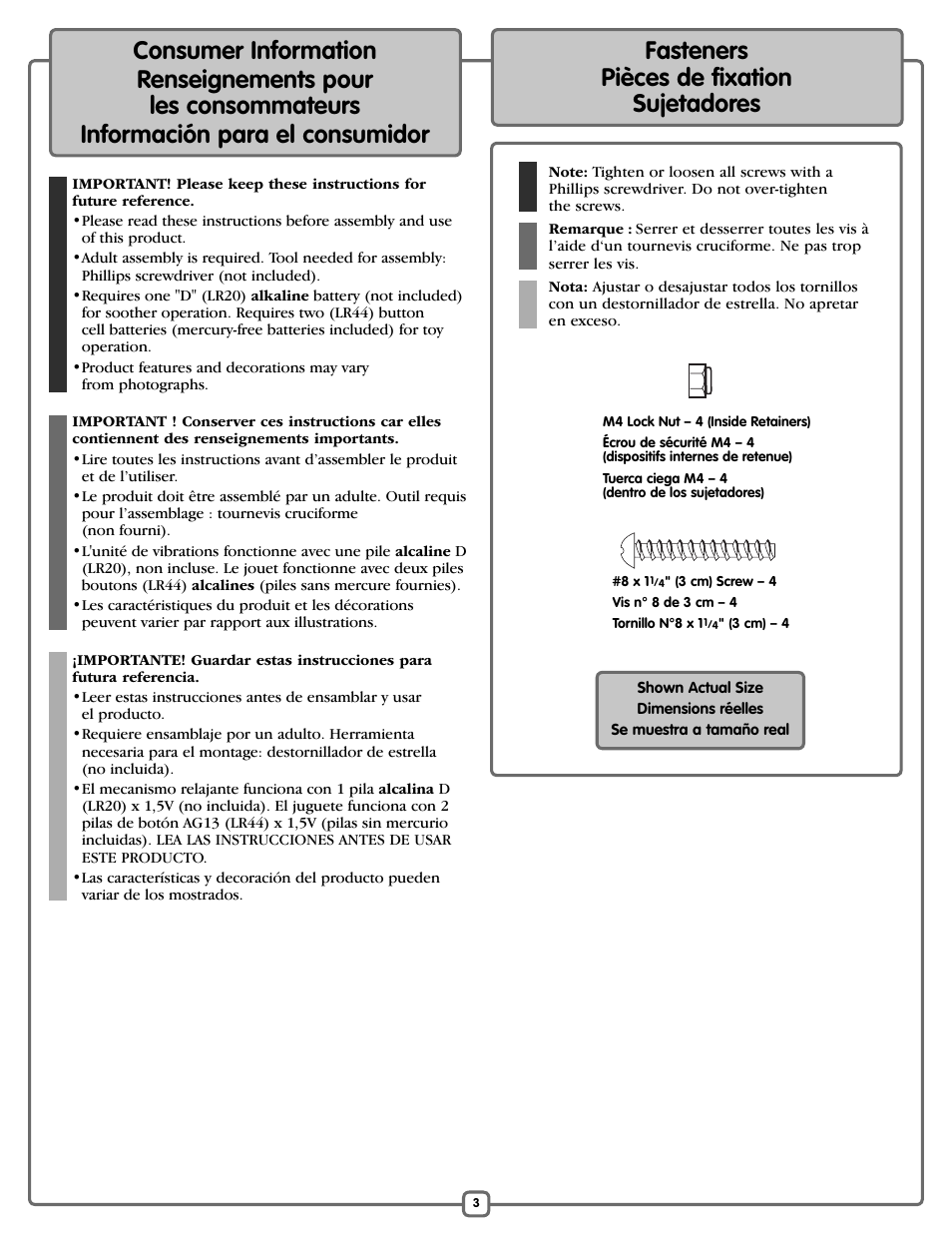 Fasteners pièces de fixation sujetadores | Fisher-Price M5598 User Manual | Page 3 / 16