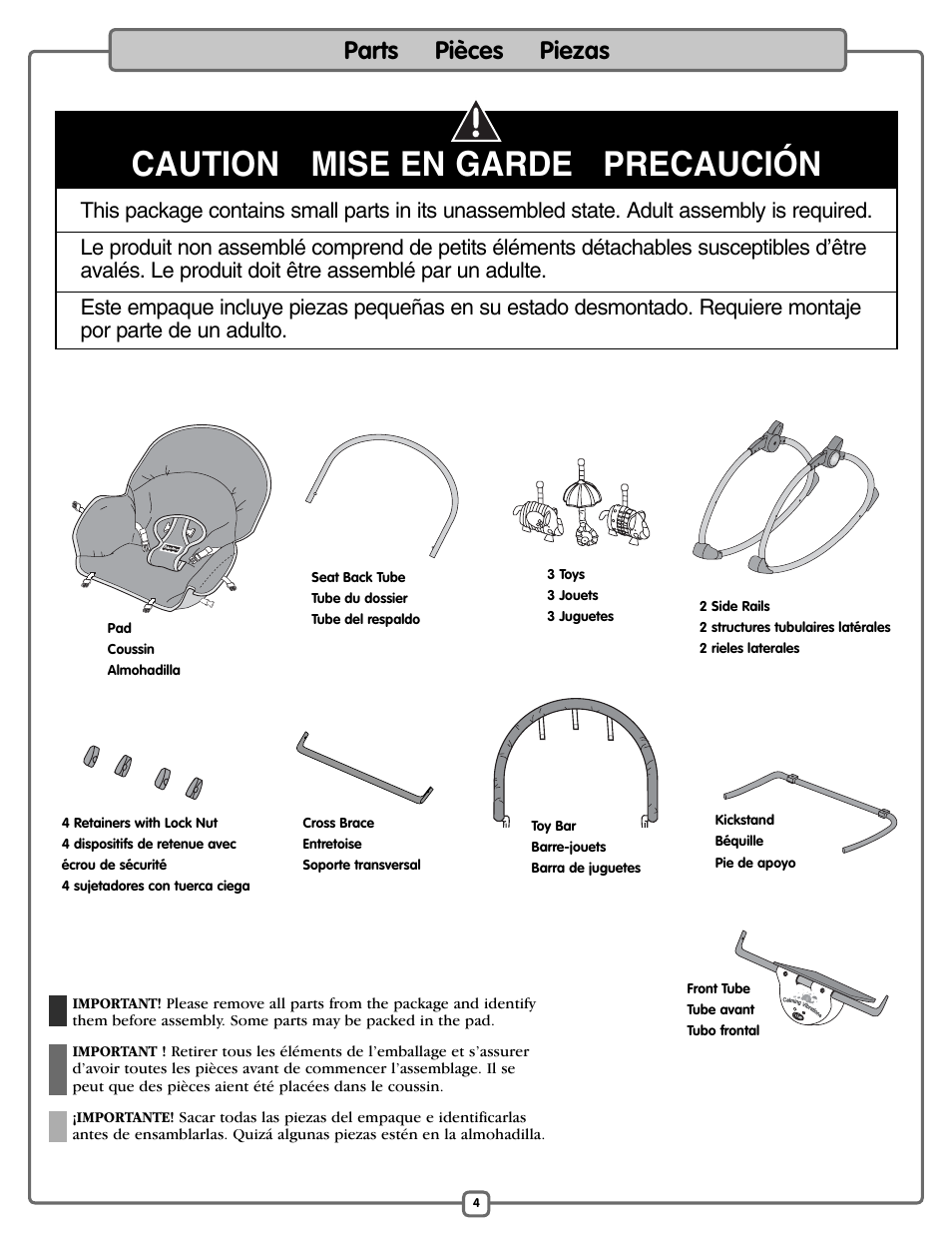 Caution mise en garde precaución, Parts pièces piezas | Fisher-Price M5598 User Manual | Page 4 / 16