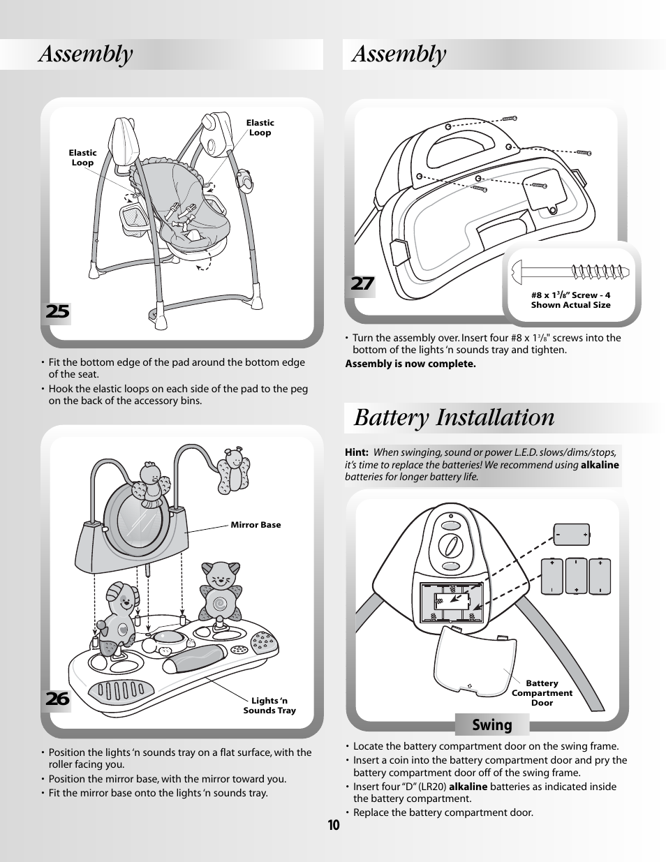 Battery installation, Assembly, Swing | Fisher-Price B1637 User Manual | Page 10 / 16