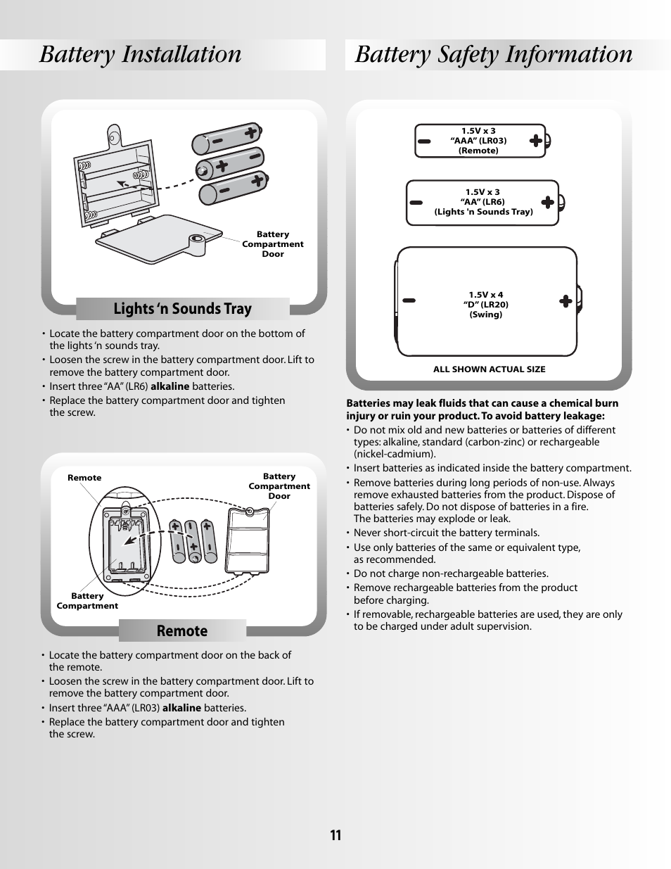 Battery safety information battery installation, Lights ‘n sounds tray, Remote | Fisher-Price B1637 User Manual | Page 11 / 16