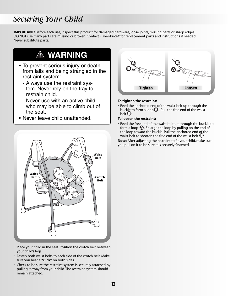 Securing your child, Warning | Fisher-Price B1637 User Manual | Page 12 / 16