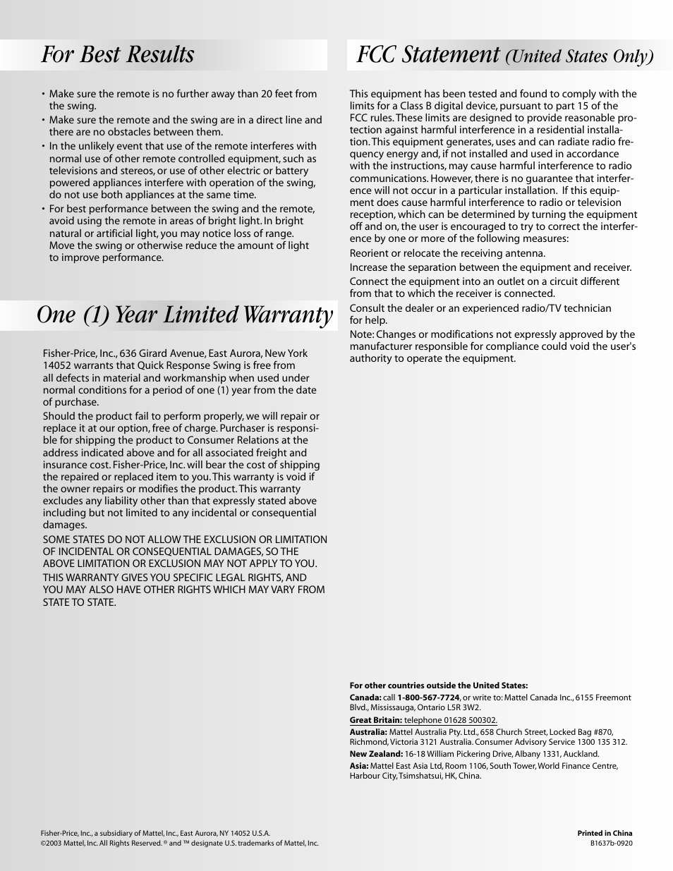 One (1) year limited warranty fcc statement, For best results, United states only) | Fisher-Price B1637 User Manual | Page 16 / 16