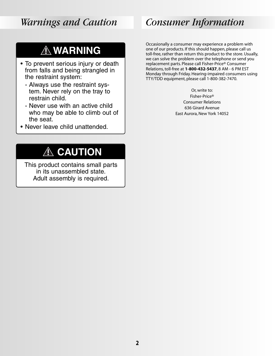 Consumer information warnings and caution, Warning, Caution | Fisher-Price B1637 User Manual | Page 2 / 16