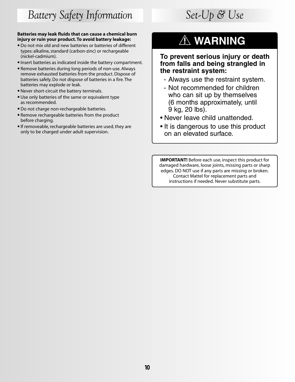 Battery safety information, Set-up & use, Warning | Fisher-Price G5912 User Manual | Page 10 / 16
