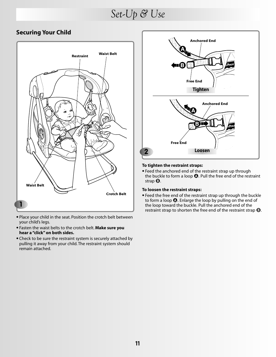 Set-up & use, Securing your child | Fisher-Price G5912 User Manual | Page 11 / 16