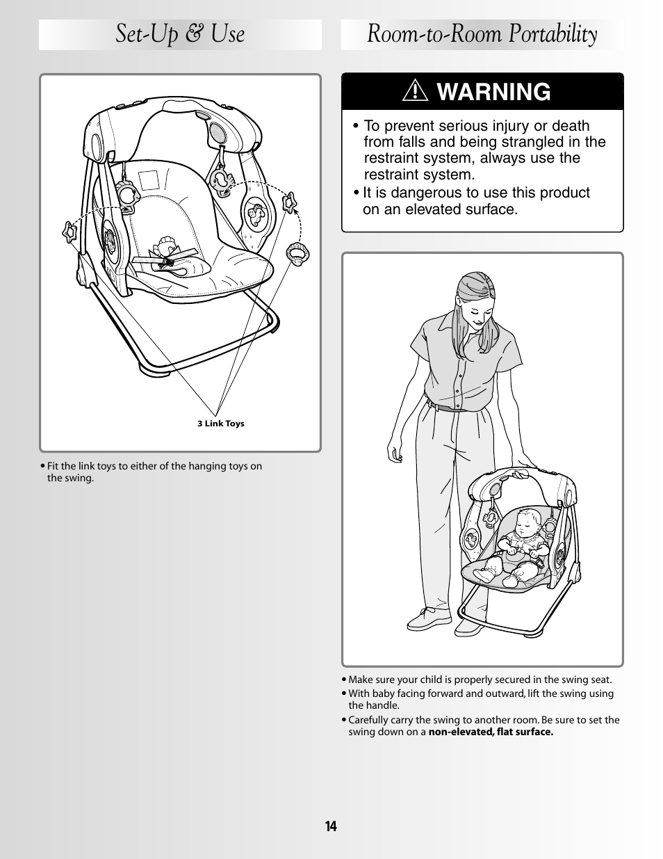 Room-to-room portability set-up & use, Warning | Fisher-Price G5912 User Manual | Page 14 / 16