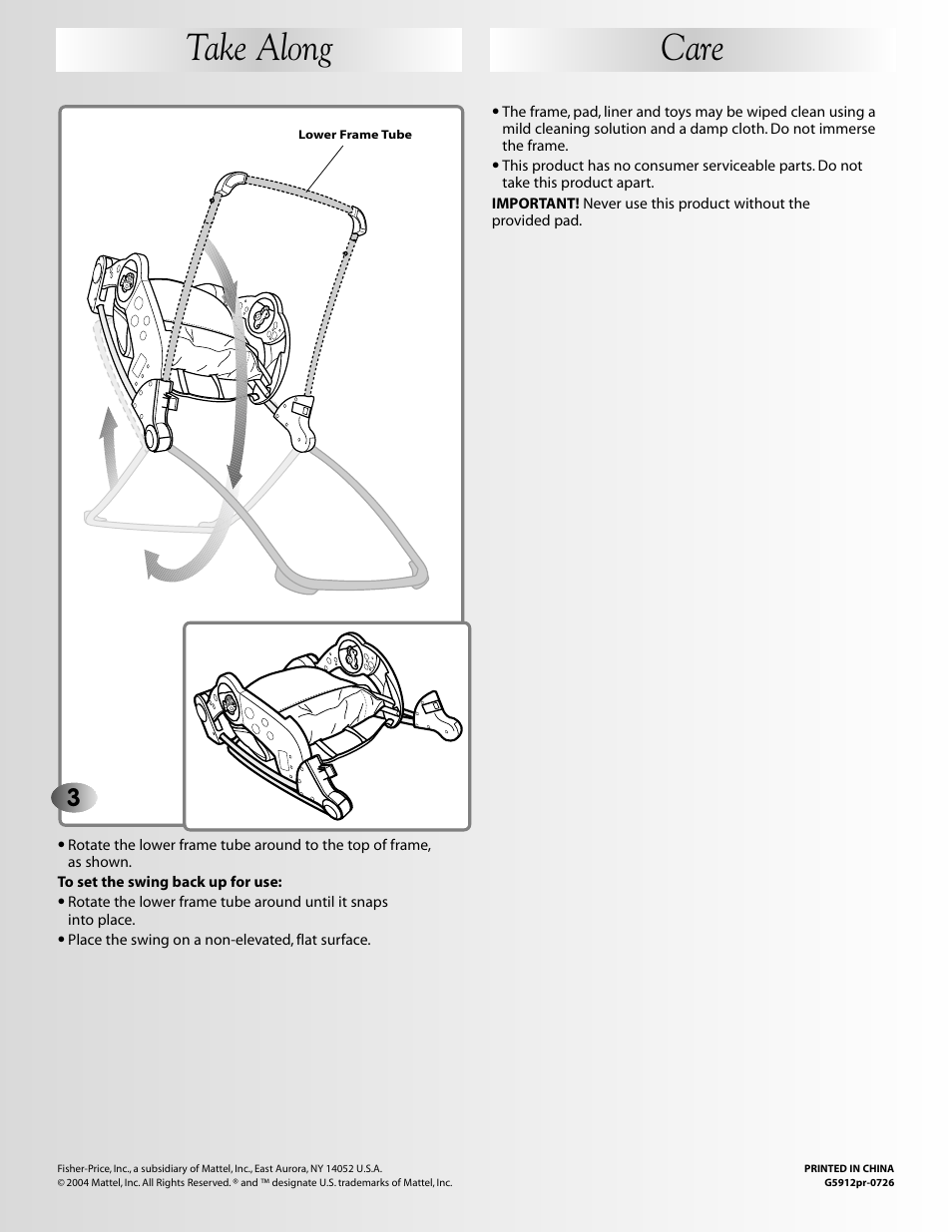 Care, Take along | Fisher-Price G5912 User Manual | Page 16 / 16