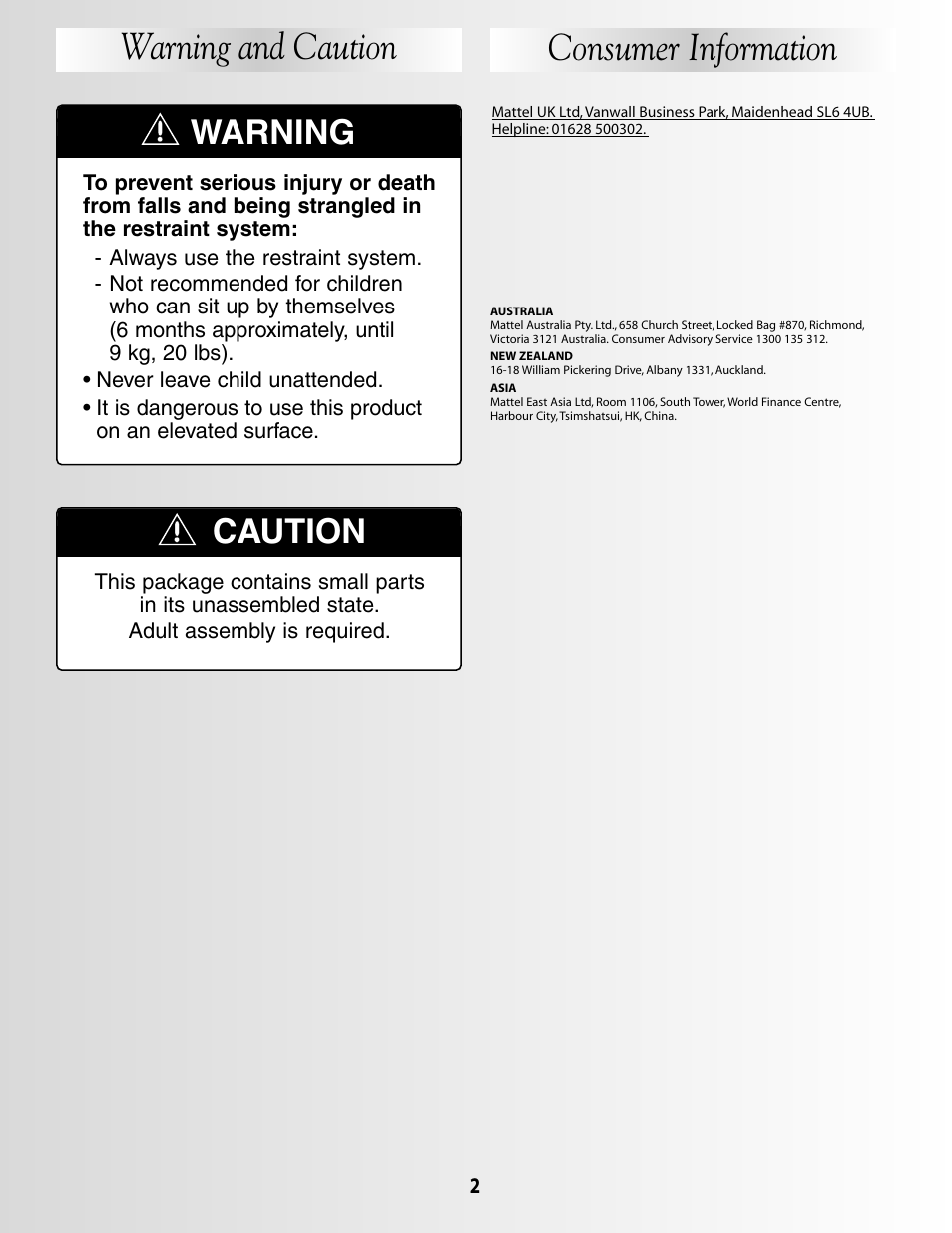 Warning and caution, Consumer information, Warning | Caution | Fisher-Price G5912 User Manual | Page 2 / 16