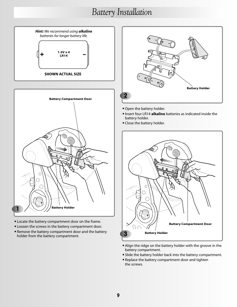 Battery installation | Fisher-Price G5912 User Manual | Page 9 / 16