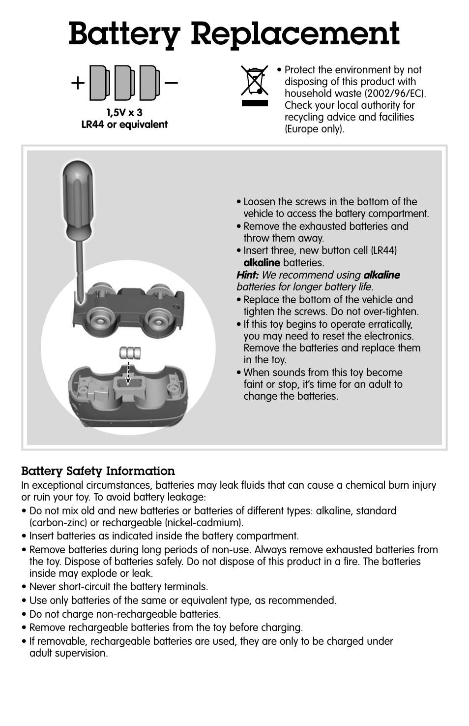 Battery replacement | Fisher-Price GEOTRAX T7959 User Manual | Page 2 / 4