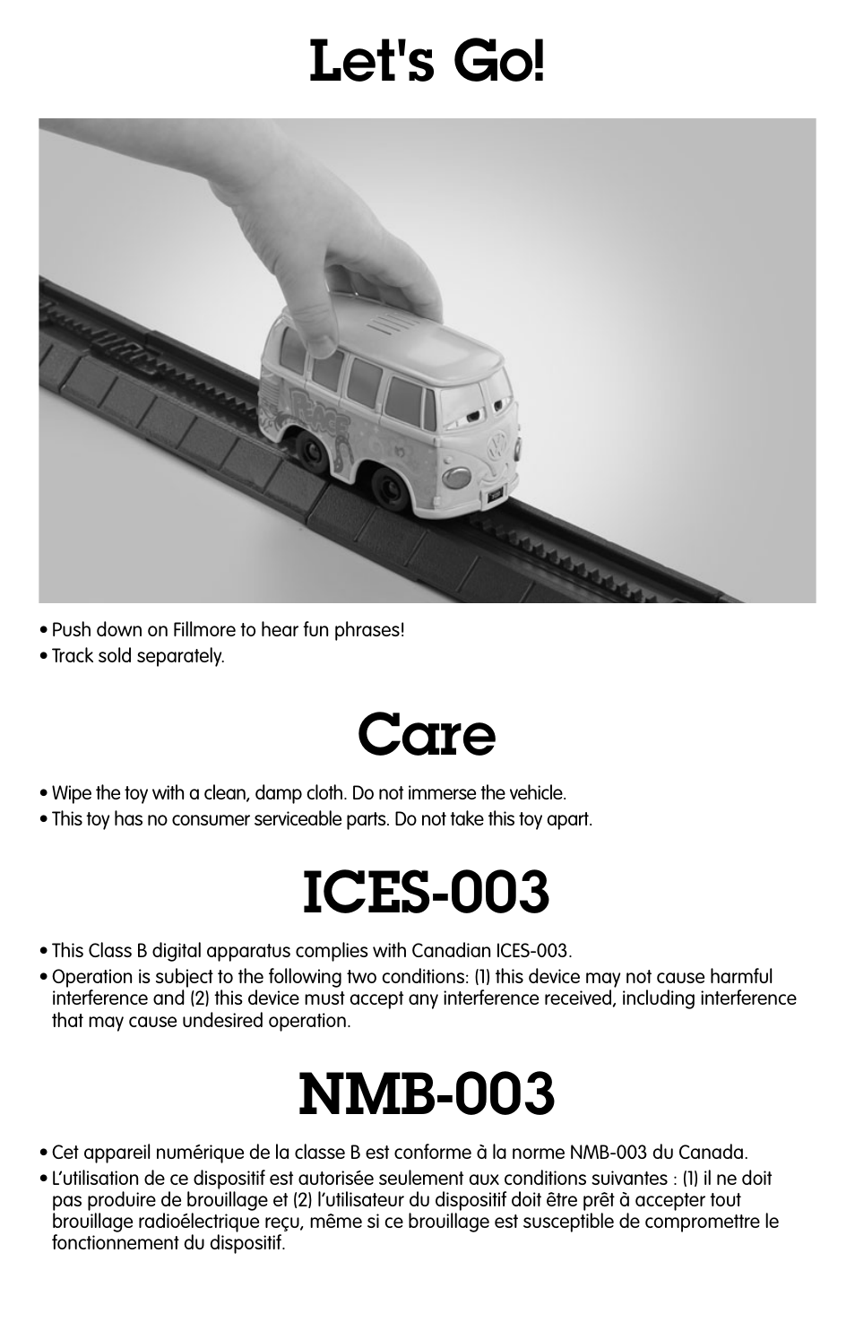 Let's go, Care, Ices-003 | Nmb-003 | Fisher-Price GEOTRAX T7959 User Manual | Page 3 / 4