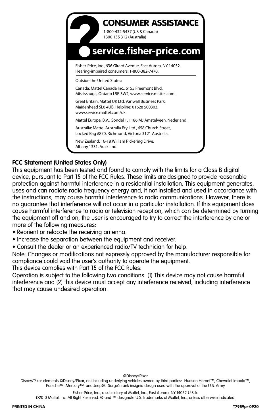 Consumer assistance | Fisher-Price GEOTRAX T7959 User Manual | Page 4 / 4