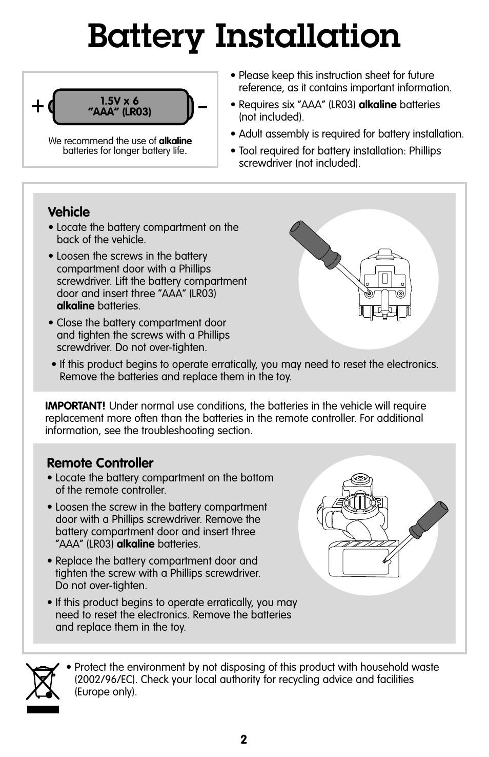 Battery installation | Fisher-Price GEOTRAX P9694 User Manual | Page 2 / 6