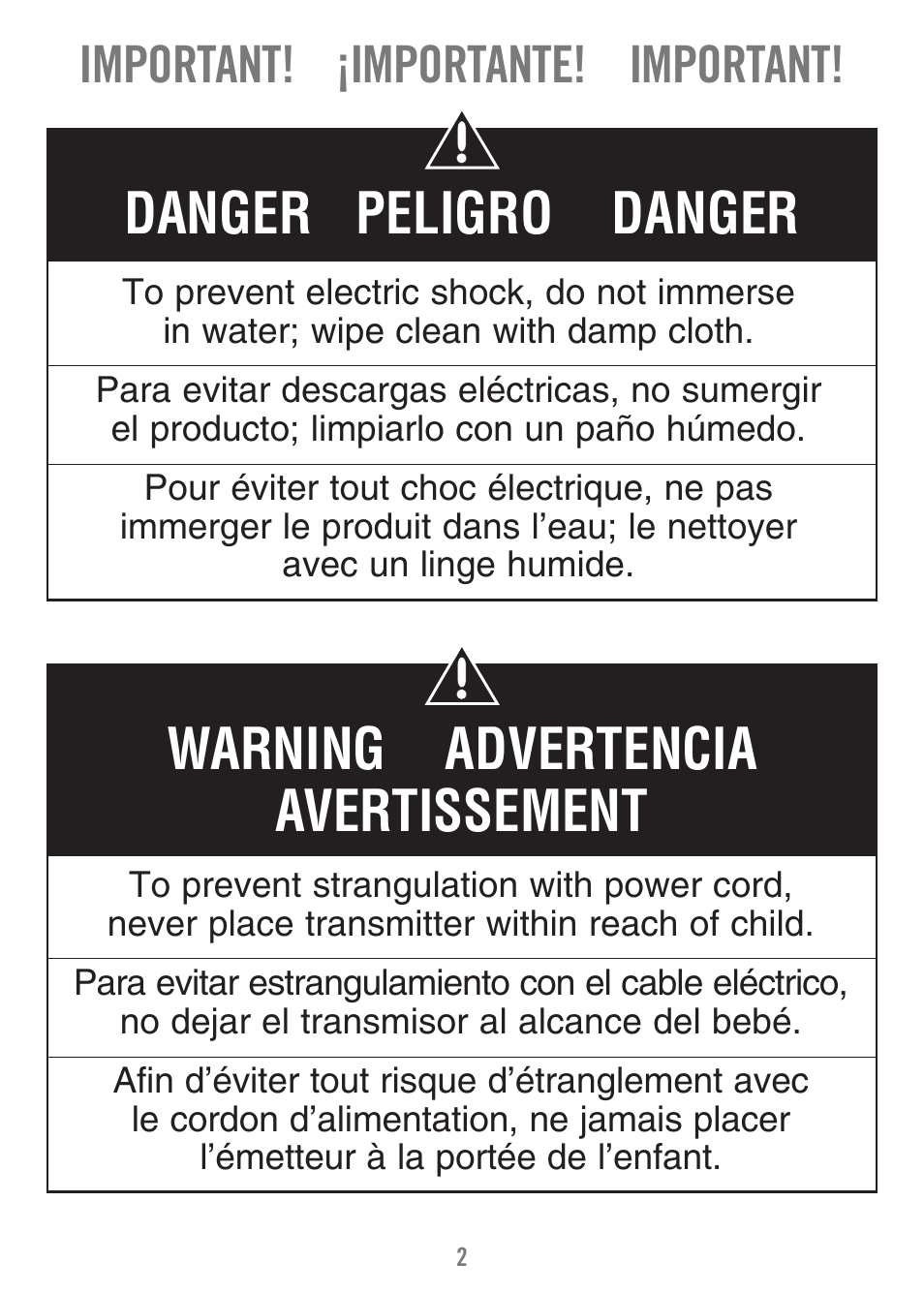 Warning advertencia avertissement, Danger peligro danger, Important! ¡importante! important | Fisher-Price P1384 User Manual | Page 2 / 36