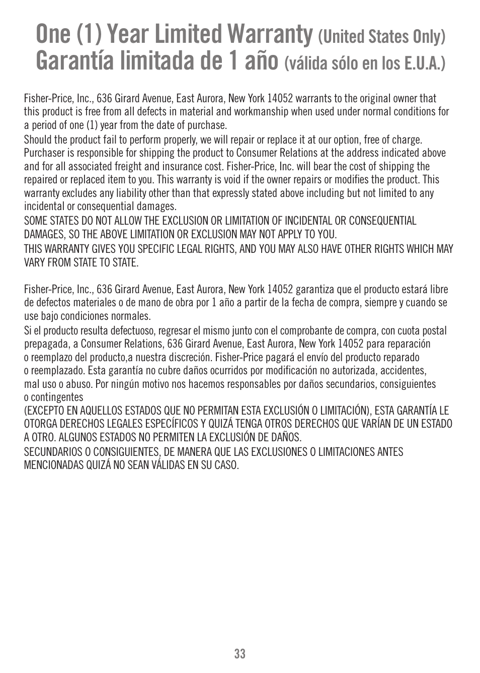 One (1) year limited warranty, Garantía limitada de 1 año, United states only) | Válida sólo en los e.u.a.) | Fisher-Price P1384 User Manual | Page 33 / 36