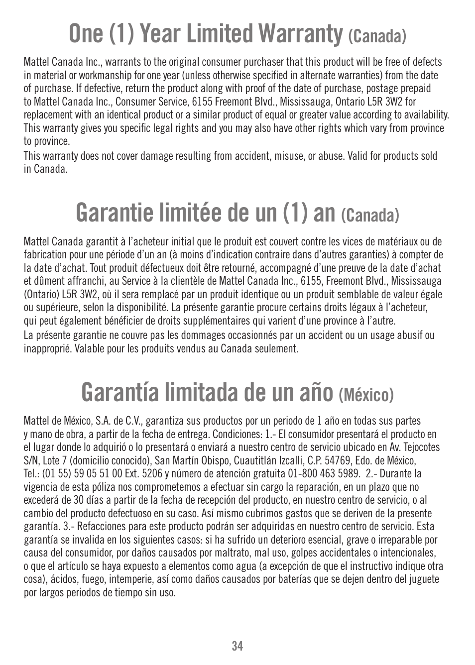 One (1) year limited warranty, Garantie limitée de un (1) an, Garantía limitada de un año | Canada), México) | Fisher-Price P1384 User Manual | Page 34 / 36