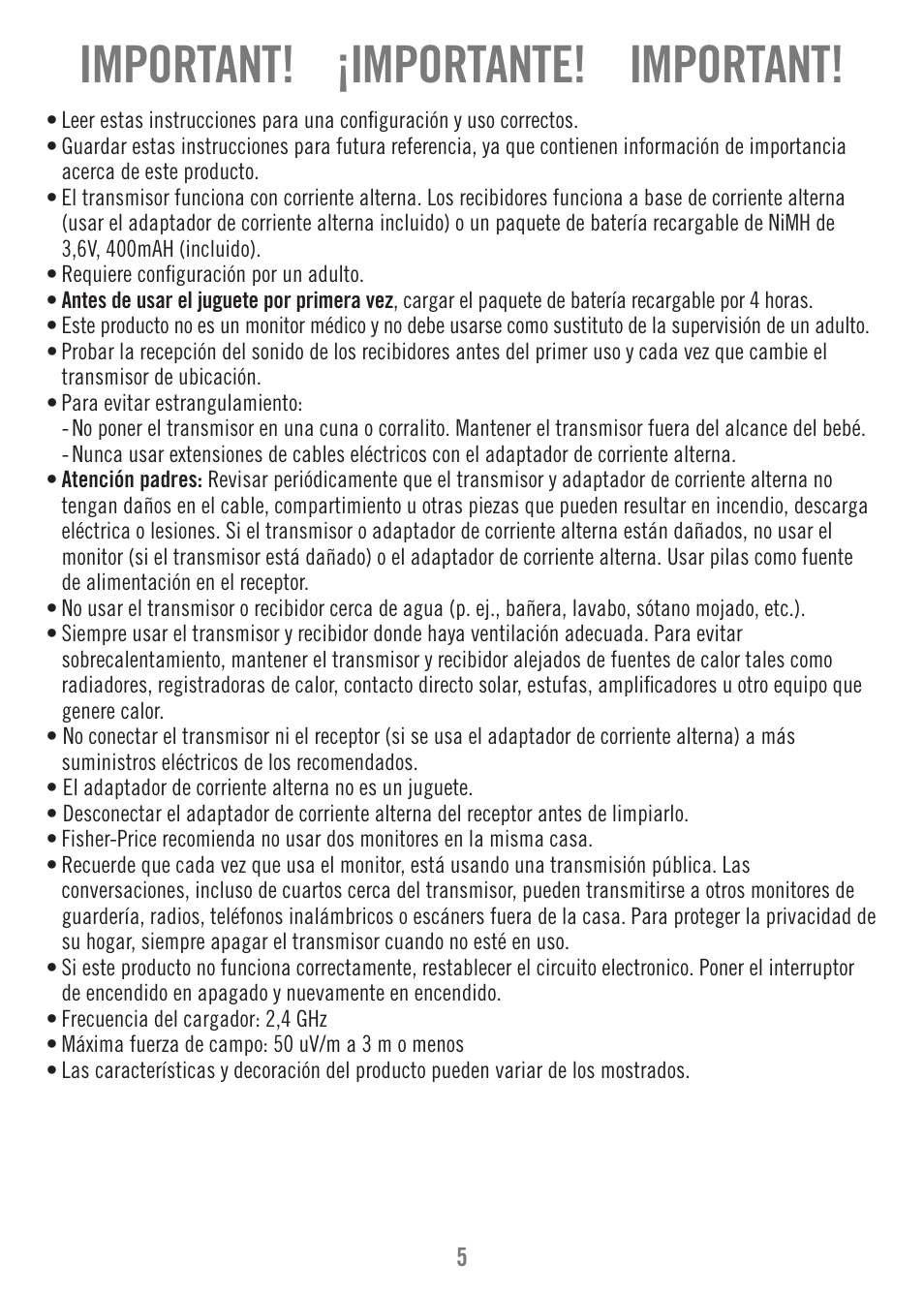 Important! ¡importante! important | Fisher-Price P1384 User Manual | Page 5 / 36