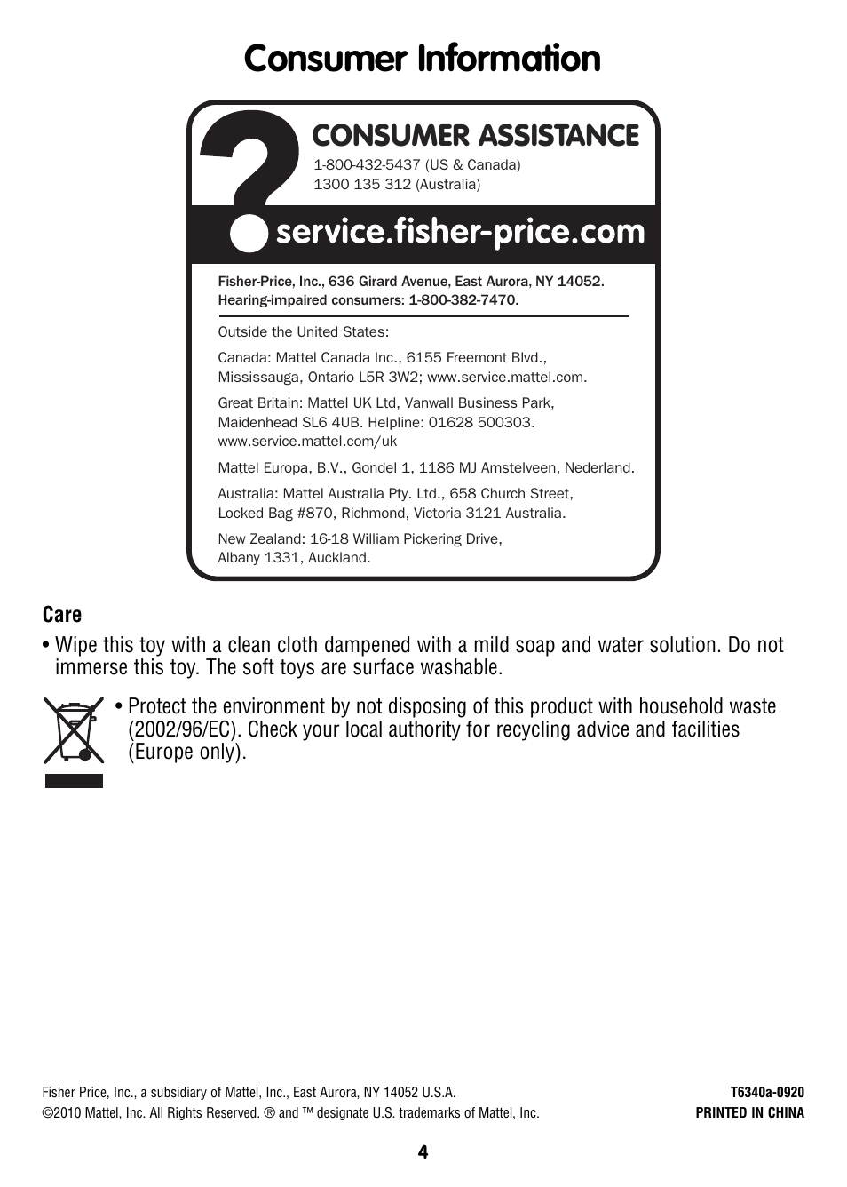 Consumer information, Consumer assistance | Fisher-Price T6340 User Manual | Page 4 / 16