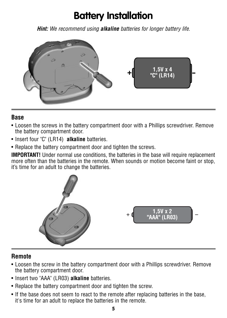 Battery installation | Fisher-Price T6340 User Manual | Page 5 / 16