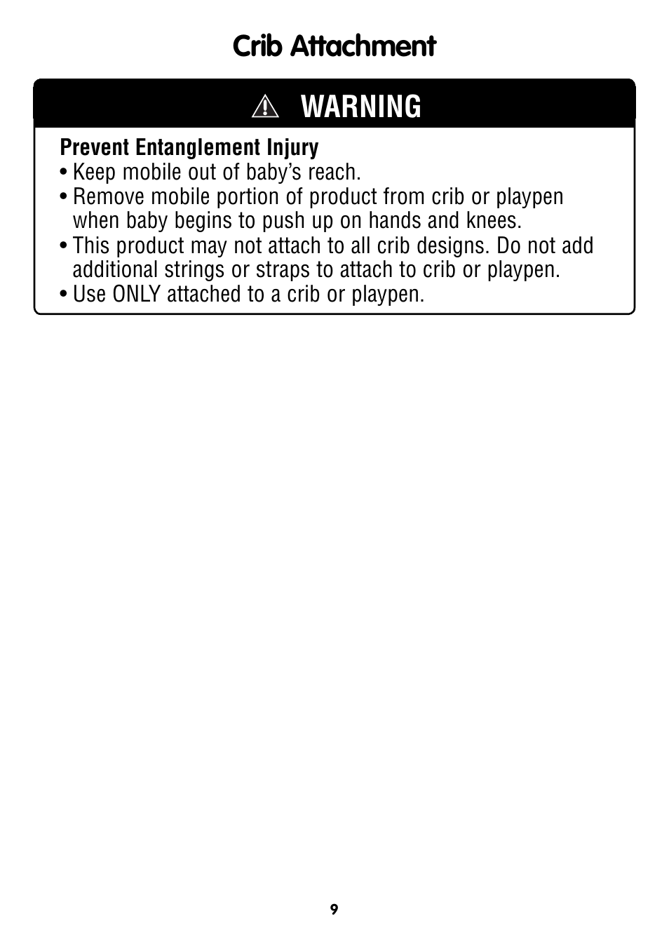 Crib attachment, Warning | Fisher-Price T6340 User Manual | Page 9 / 16