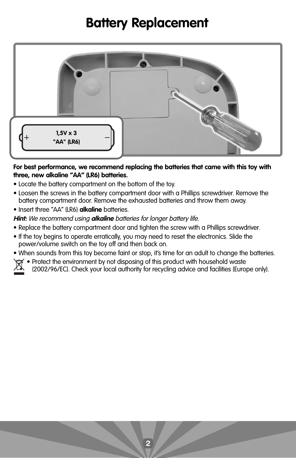 Battery replacement | Fisher-Price N0667 User Manual | Page 2 / 7