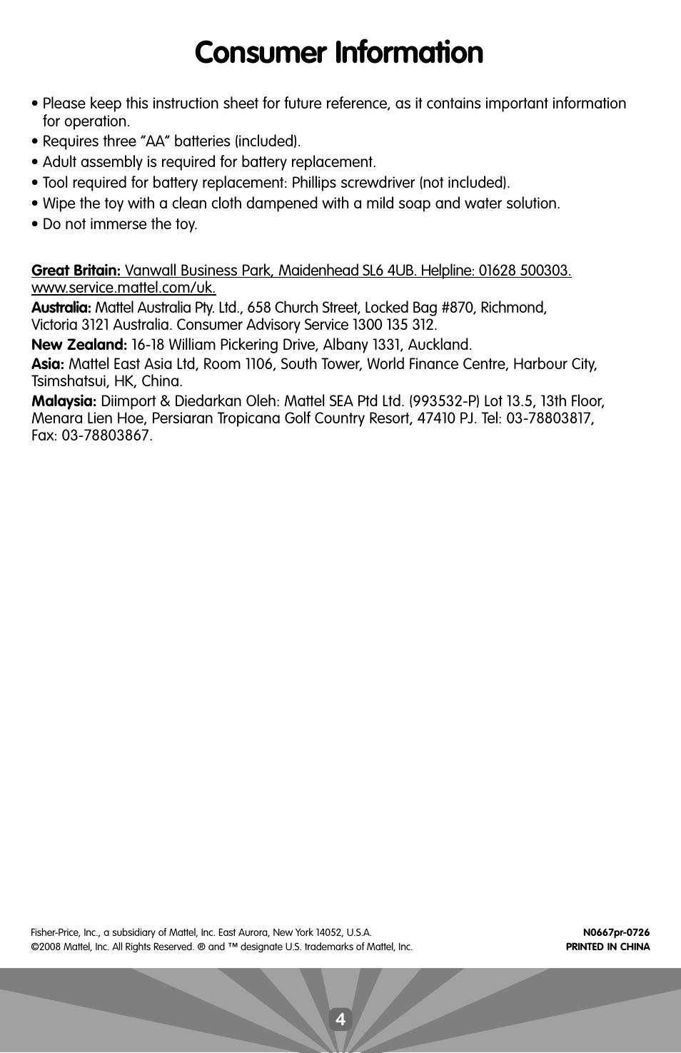 Consumer information | Fisher-Price N0667 User Manual | Page 4 / 7