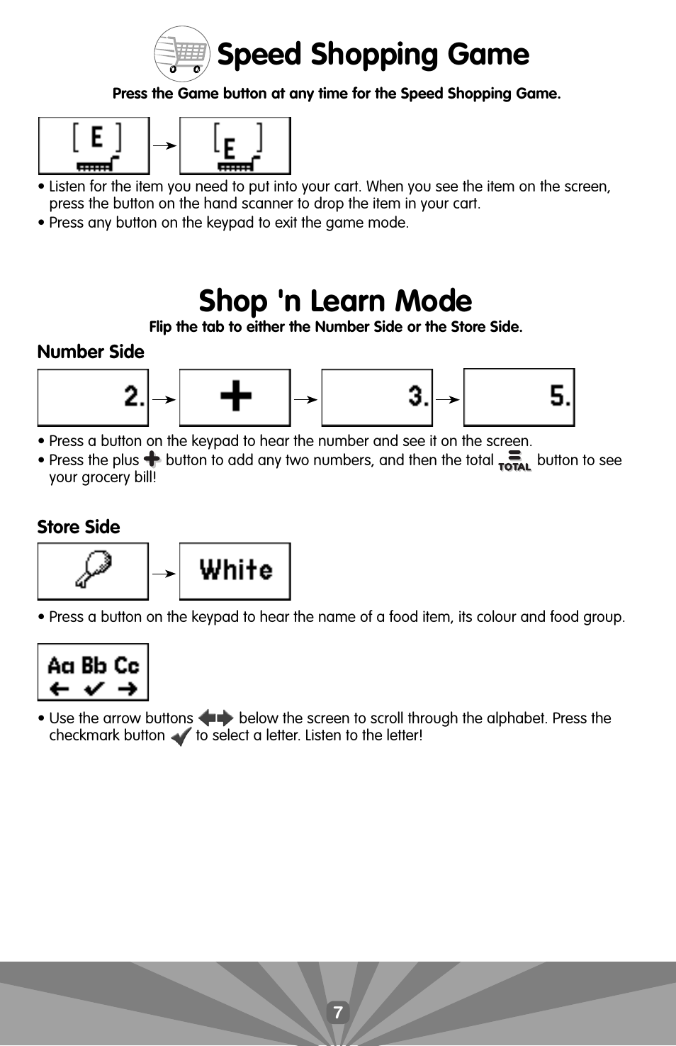 Shop 'n learn mode, Speed shopping game | Fisher-Price N0667 User Manual | Page 6 / 7