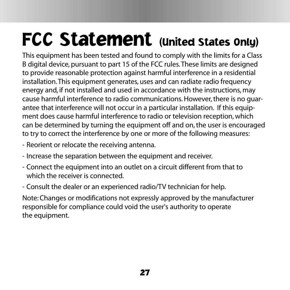 Fcc statement, United states only) | Fisher-Price DINORAPTER C6503 User Manual | Page 27 / 28