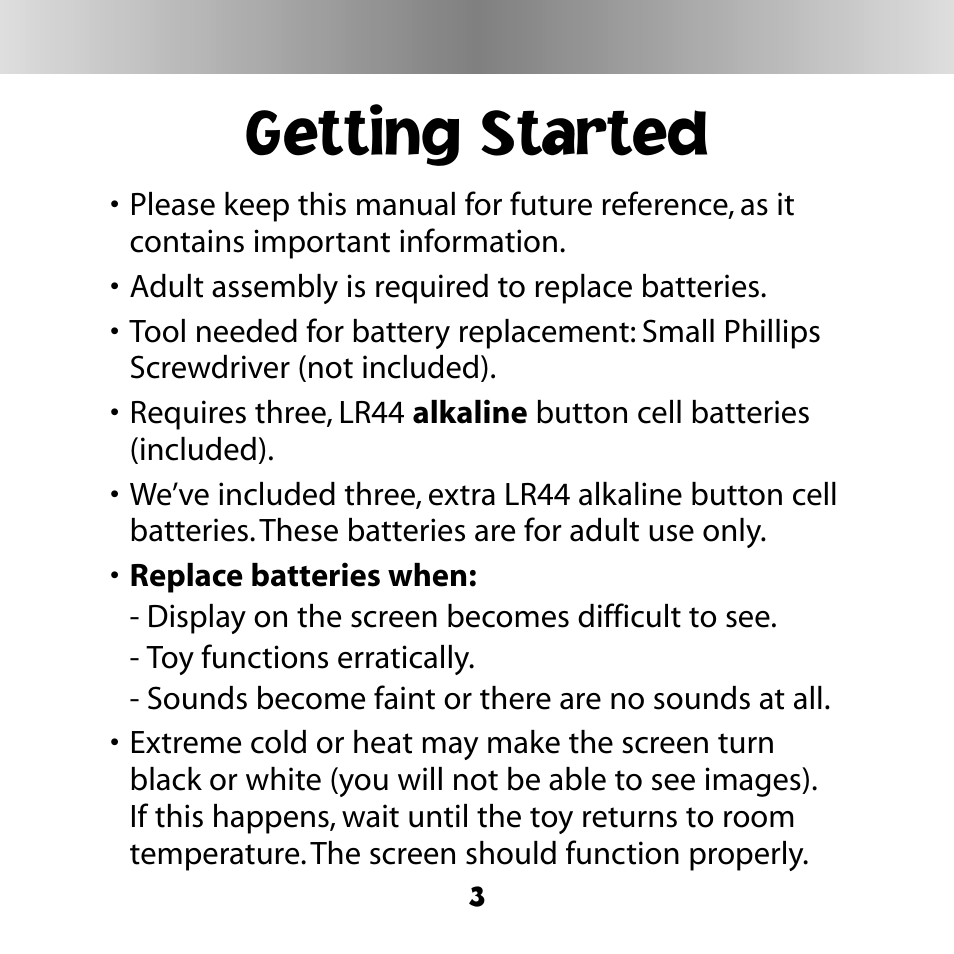 Getting started | Fisher-Price DINORAPTER C6503 User Manual | Page 3 / 28
