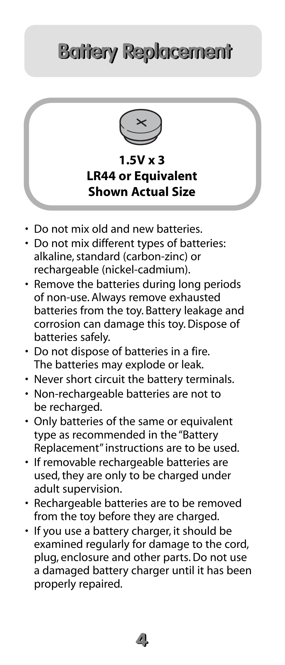 Battery replacement | Fisher-Price 74123 User Manual | Page 4 / 6