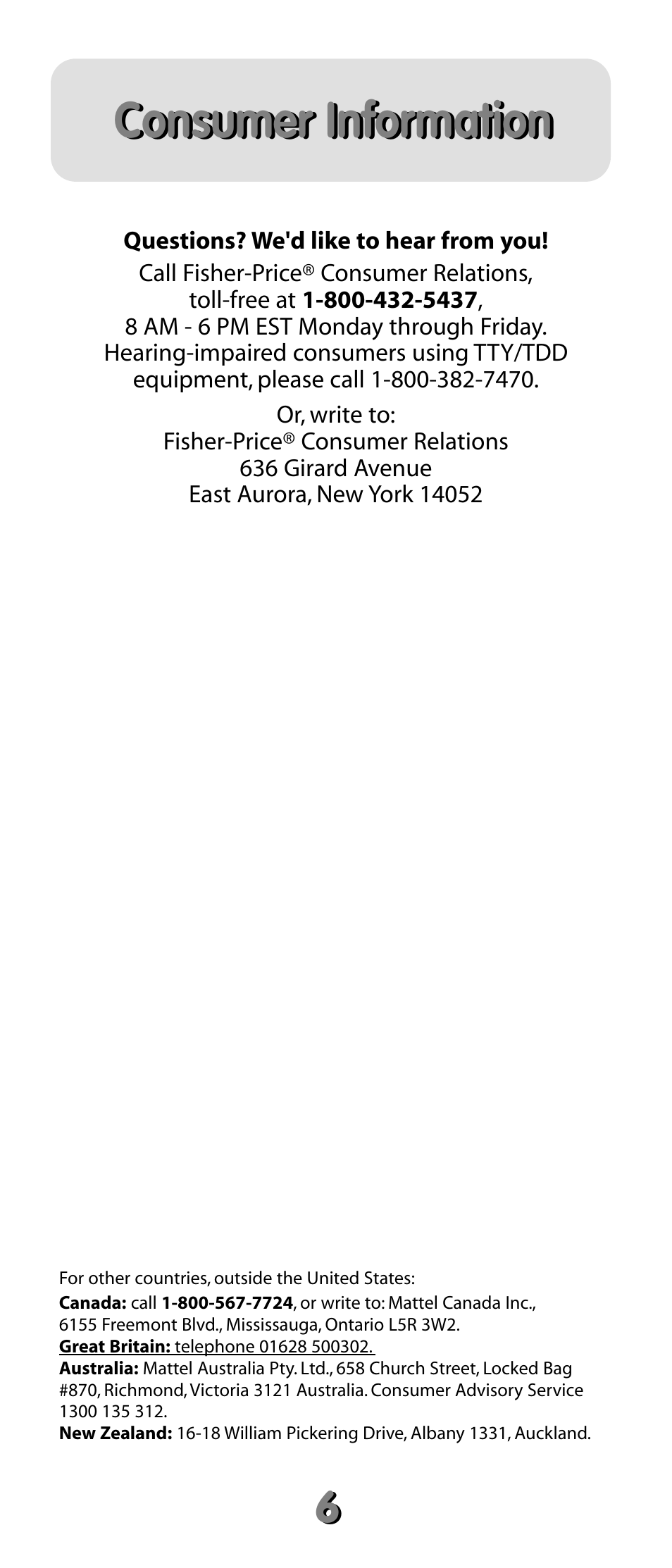 Consumer information | Fisher-Price 74123 User Manual | Page 6 / 6