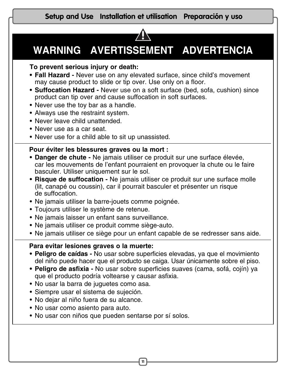 Warning avertissement advertencia | Fisher-Price L7193 User Manual | Page 11 / 16