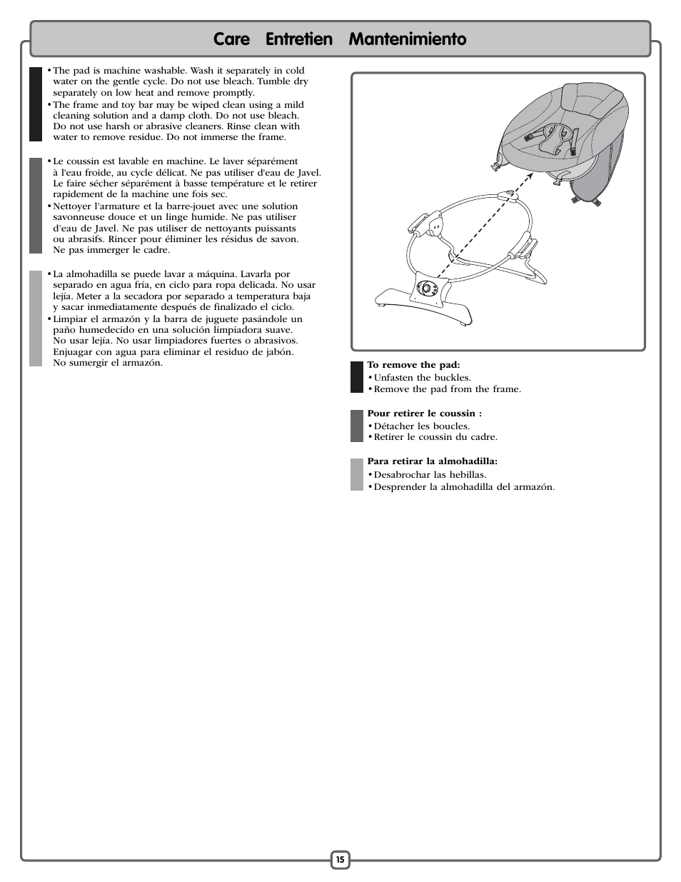 Care entretien mantenimiento | Fisher-Price L7193 User Manual | Page 15 / 16