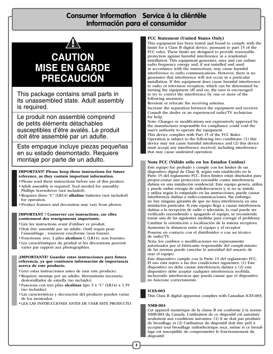Caution mise en garde precaución | Fisher-Price L7193 User Manual | Page 3 / 16