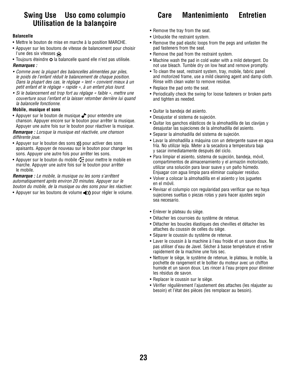 Care mantenimiento entretien | Fisher-Price V1179 User Manual | Page 23 / 24