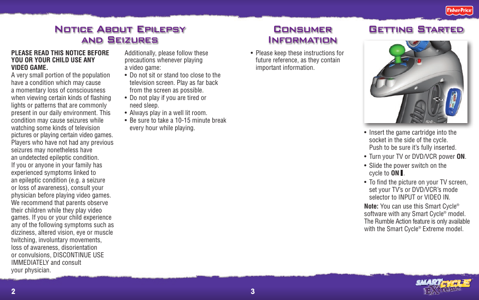 Getting started, Consumer information, Notice about epilepsy and seizures | Fisher-Price T3902 User Manual | Page 2 / 8