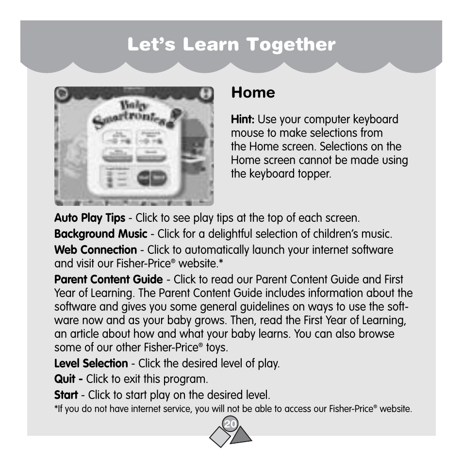 Let’s learn together, Home | Fisher-Price 71657 User Manual | Page 20 / 24
