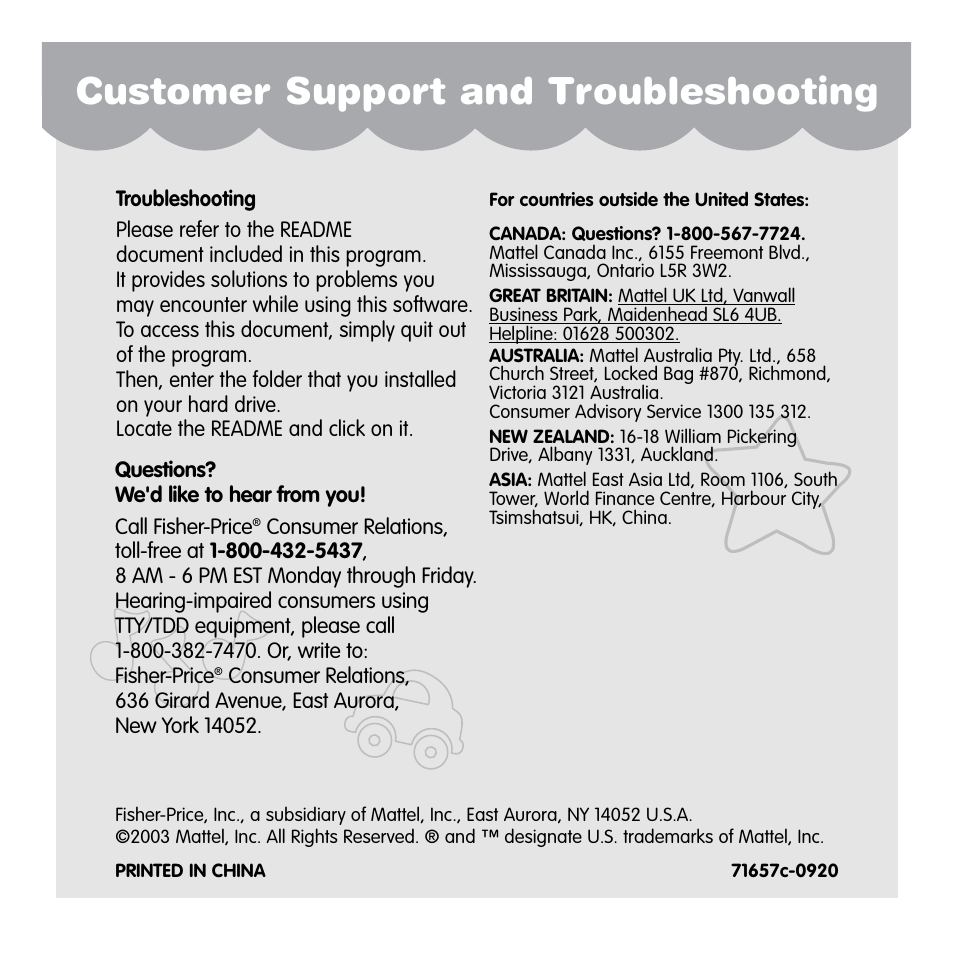 Customer support and troubleshooting | Fisher-Price 71657 User Manual | Page 24 / 24