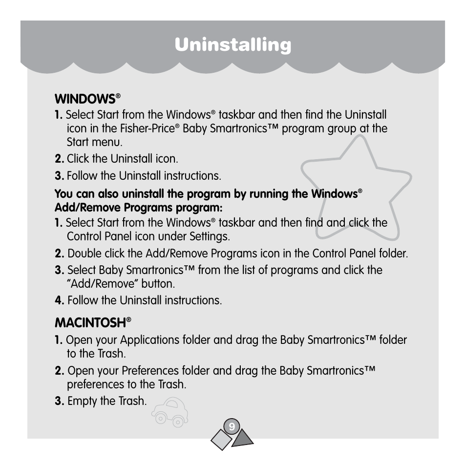 Uninstalling, Windows, Macintosh | Fisher-Price 71657 User Manual | Page 9 / 24