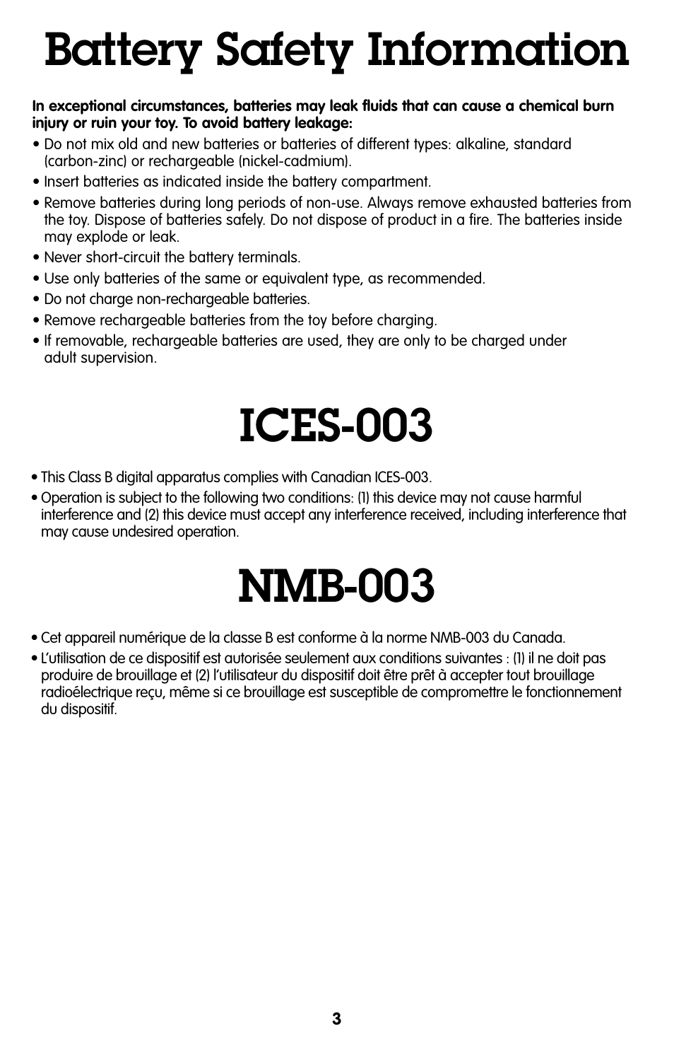 Battery safety information, Ices-003, Nmb-003 | Fisher-Price GEOTRAX R8637 User Manual | Page 3 / 6