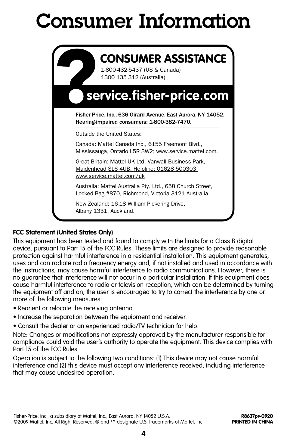 Consumer information, Consumer assistance | Fisher-Price GEOTRAX R8637 User Manual | Page 4 / 6