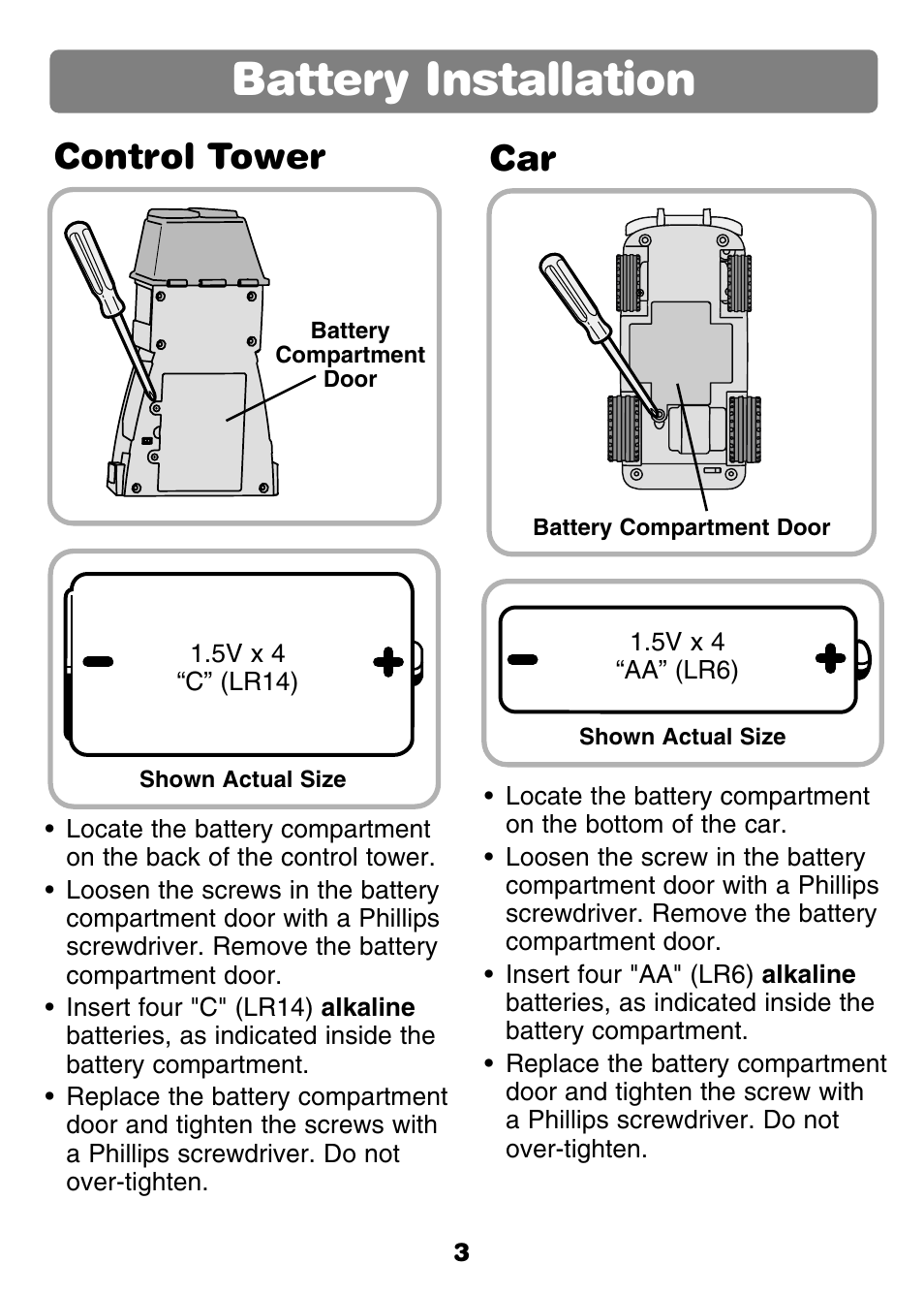 Battery installation, Control tower | Fisher-Price GROW WITH ME 77306 User Manual | Page 3 / 24