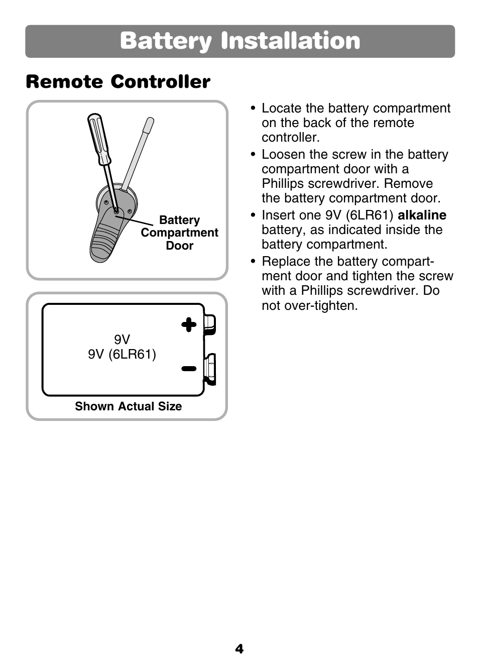 Battery installation, Remote controller | Fisher-Price GROW WITH ME 77306 User Manual | Page 4 / 24