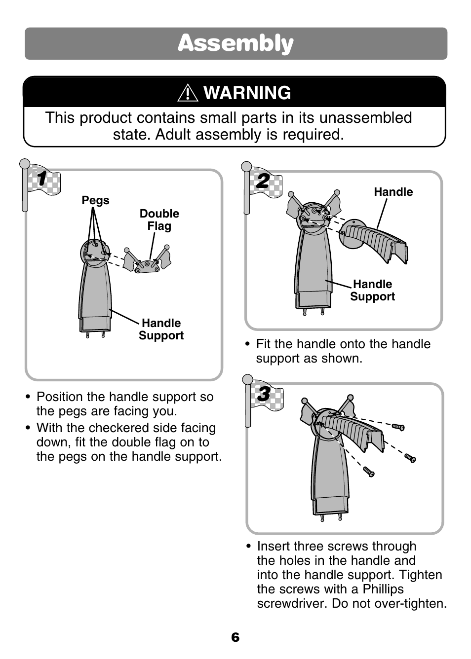 Assembly, Warning | Fisher-Price GROW WITH ME 77306 User Manual | Page 6 / 24
