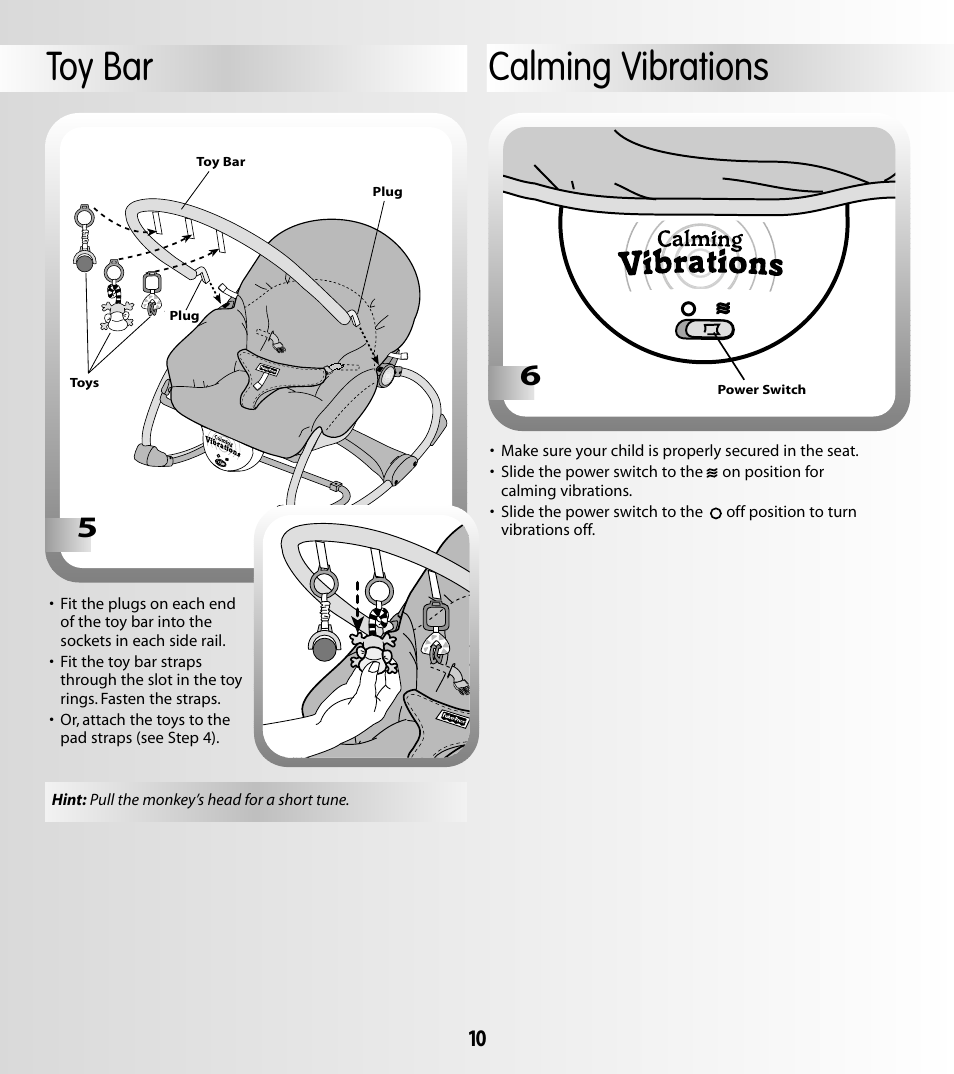 Calming vibrations, Toy bar | Fisher-Price 79026 User Manual | Page 10 / 12