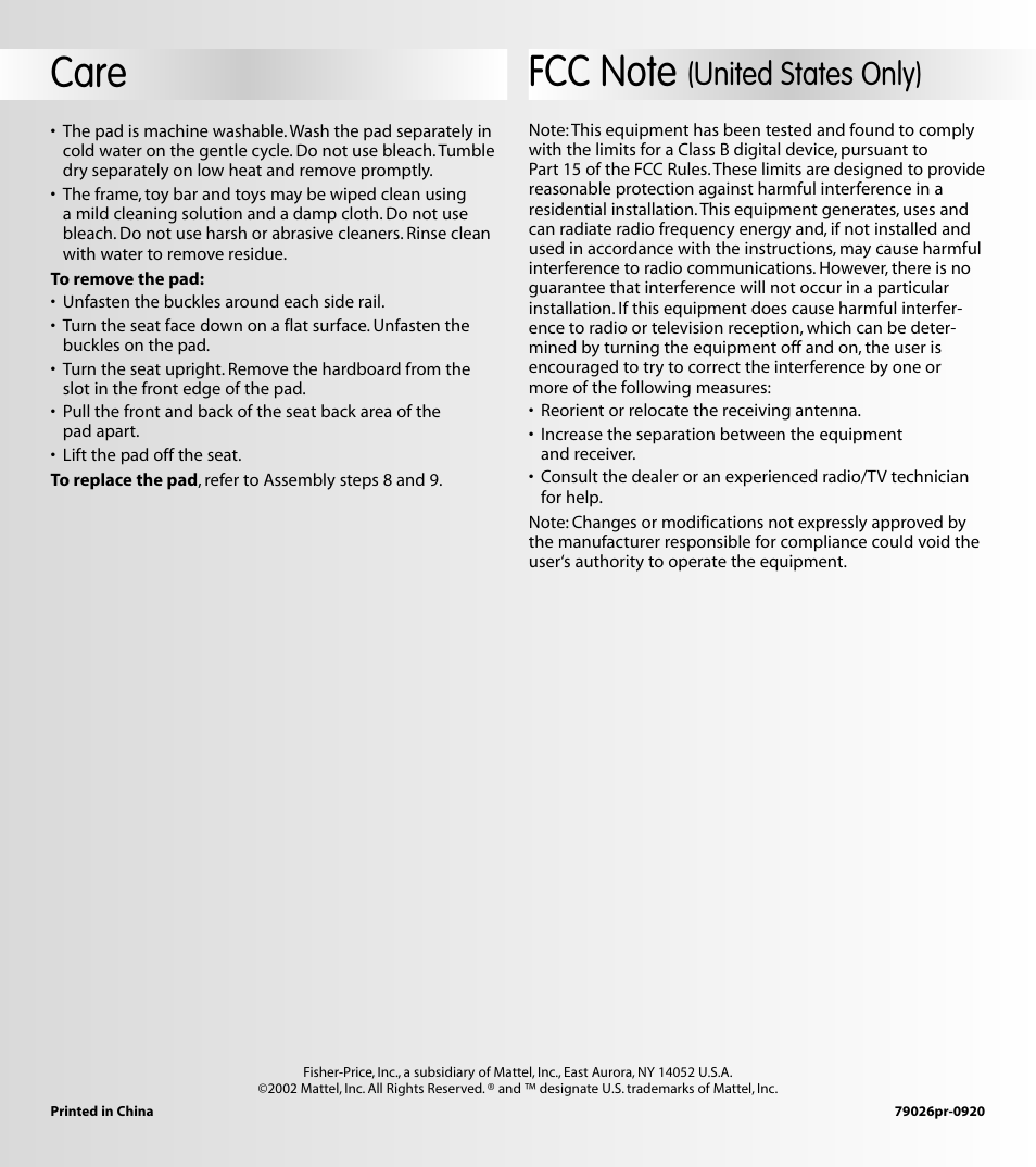 Care, United states only) | Fisher-Price 79026 User Manual | Page 12 / 12