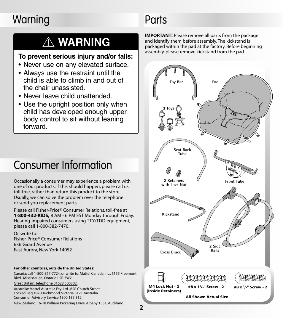 Warning, Parts, Consumer information | Fisher-Price 79026 User Manual | Page 2 / 12