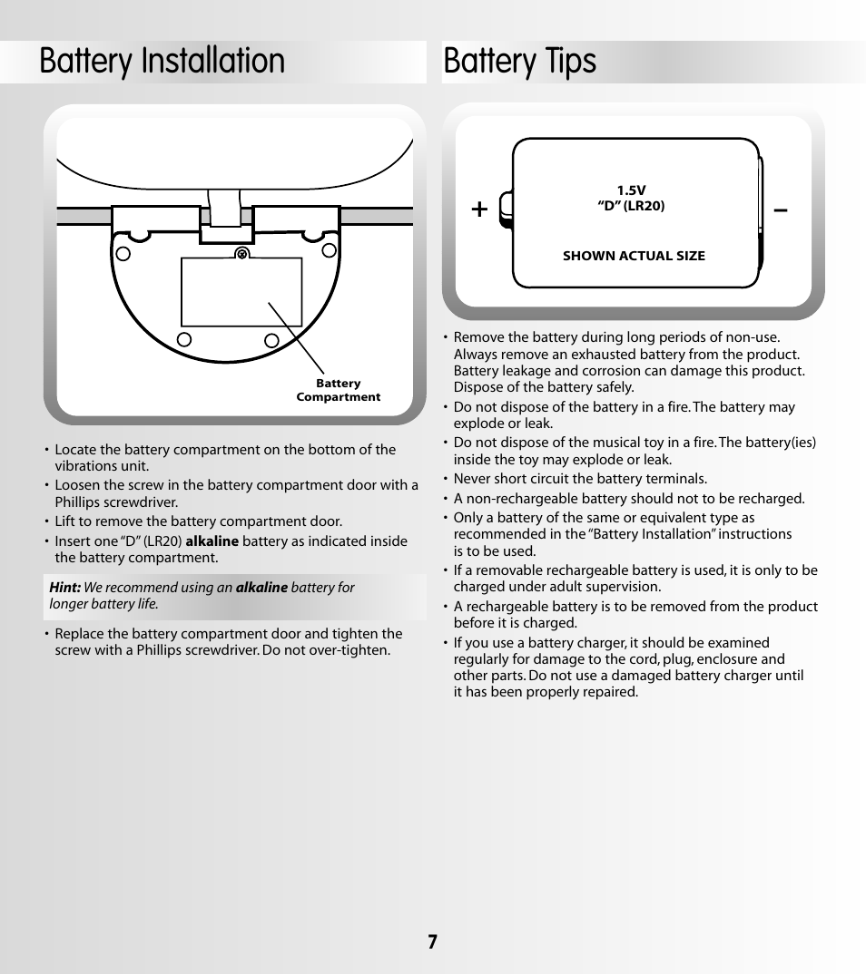 Battery installation, Battery tips | Fisher-Price 79026 User Manual | Page 7 / 12
