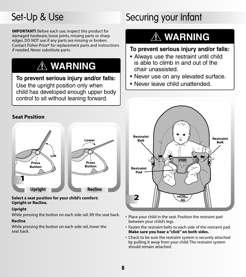 Securing your infant, Set-up & use, Warning | Fisher-Price 79026 User Manual | Page 8 / 12
