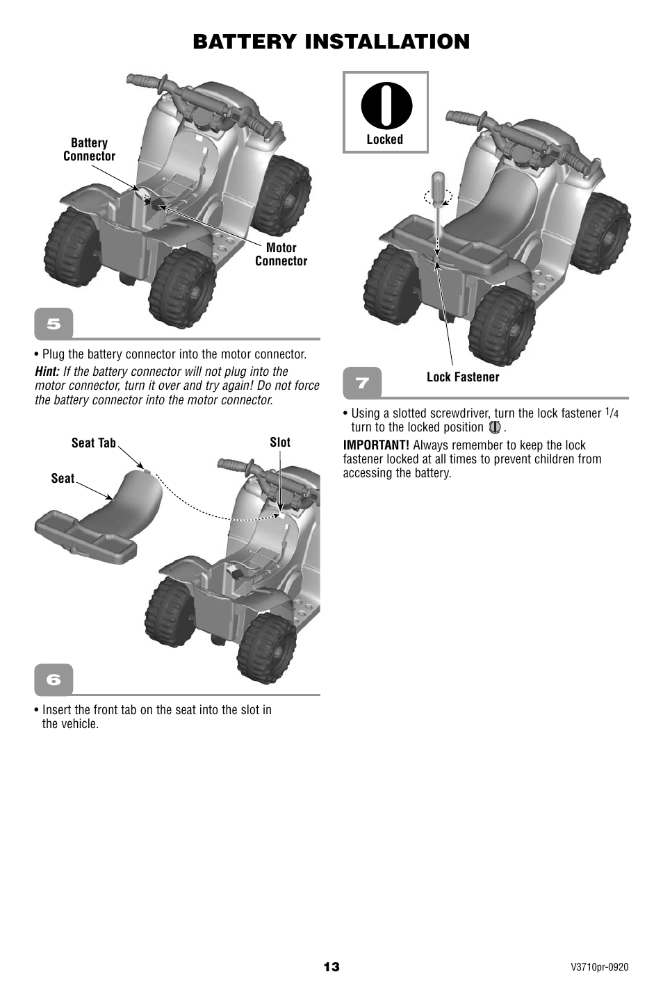 Battery installation | Fisher-Price V3710 User Manual | Page 13 / 20